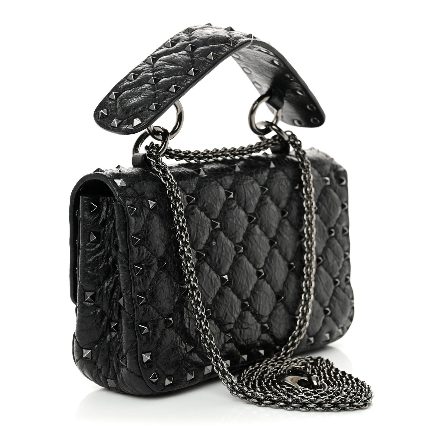 Craquele Nappa Small Rockstud Spike Shoulder Bag Black