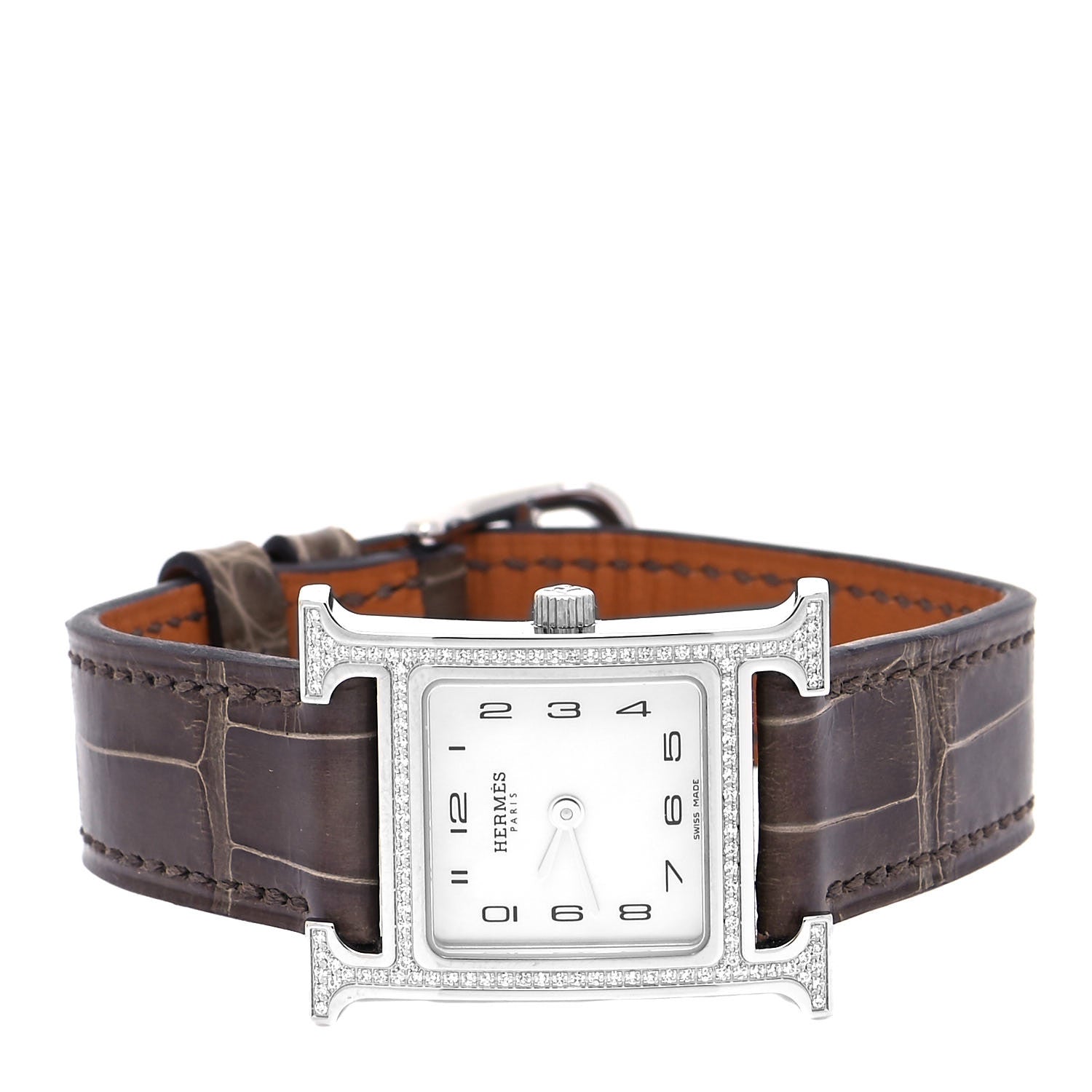 Hermes Stainless Steel Alligator Diamond Bezel Mother of Pearl 21mm Heure H Hour Quartz Watch Gris Elephant 2 of 5