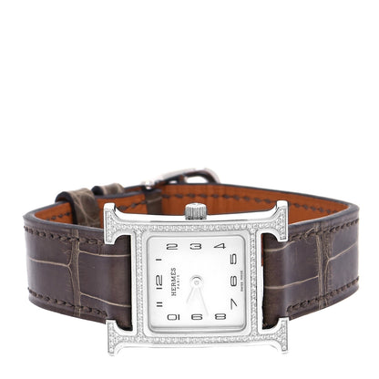 Hermes Stainless Steel Alligator Diamond Bezel Mother of Pearl 21mm Heure H Hour Quartz Watch Gris Elephant 2 of 5