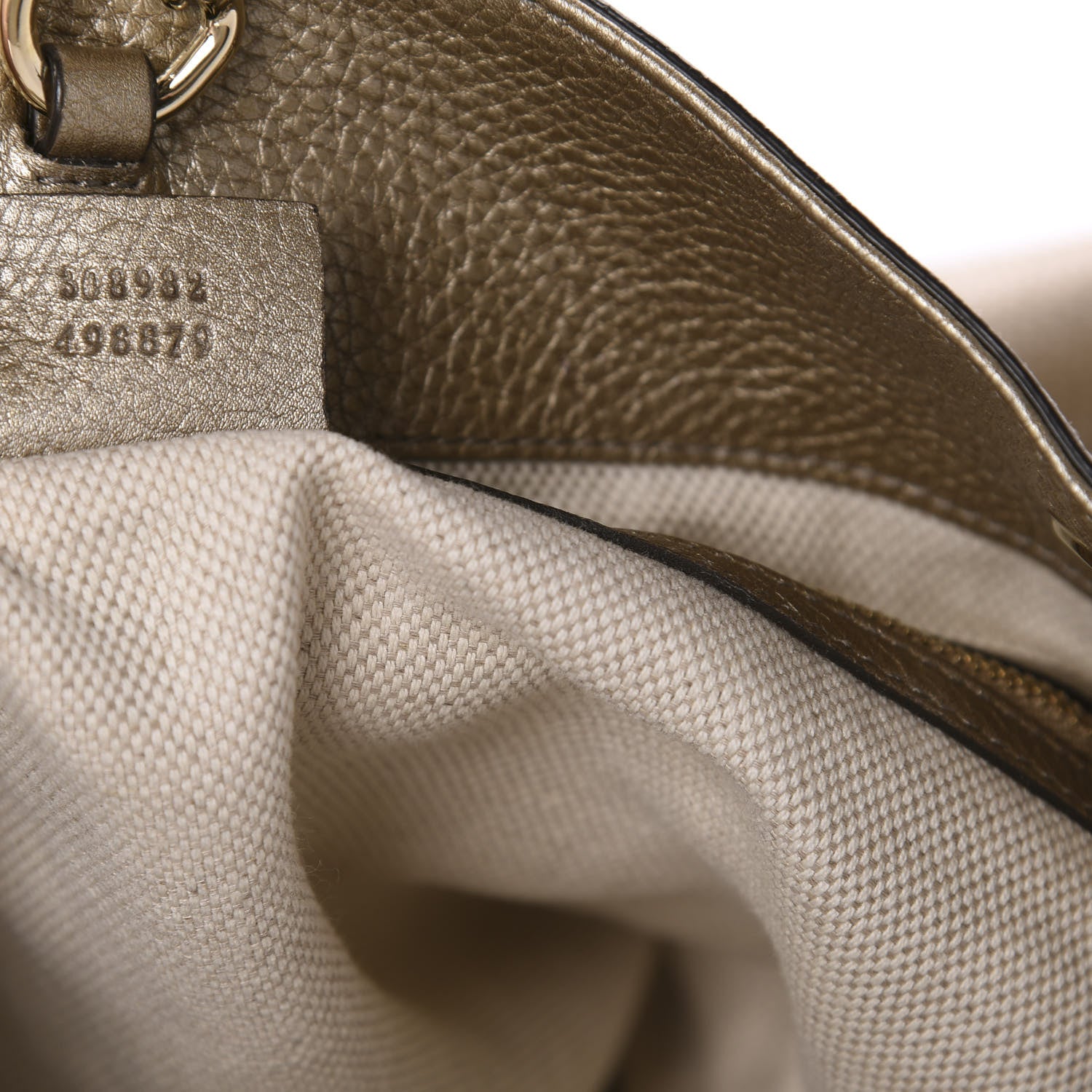 Gucci Metallic Pebbled Calfskin Medium Soho Chain Shoulder Bag Golden Beige 10 of 12