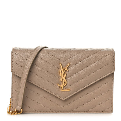 Saint Laurent Grain De Poudre Matelasse Chevron Monogram Envelope Chain Wallet Dark Beige 1 of 9