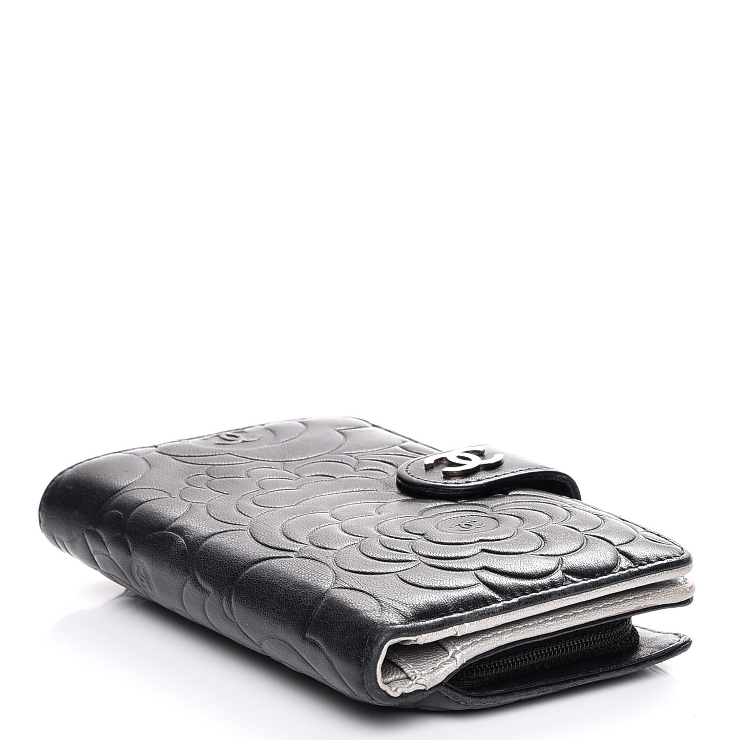 Lambskin Camellia Embossed Zipped Pocket Wallet Black