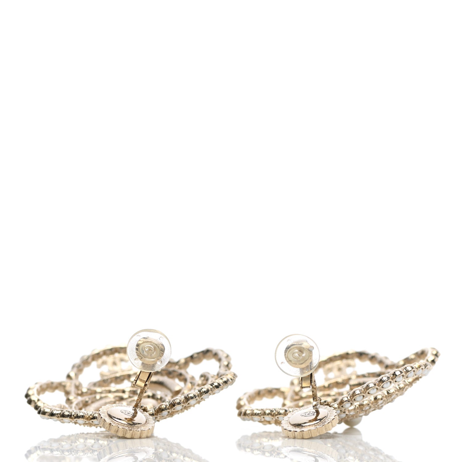 Chanel Pearl Crystal Lace Camellia Earrings Gold 3 of 5