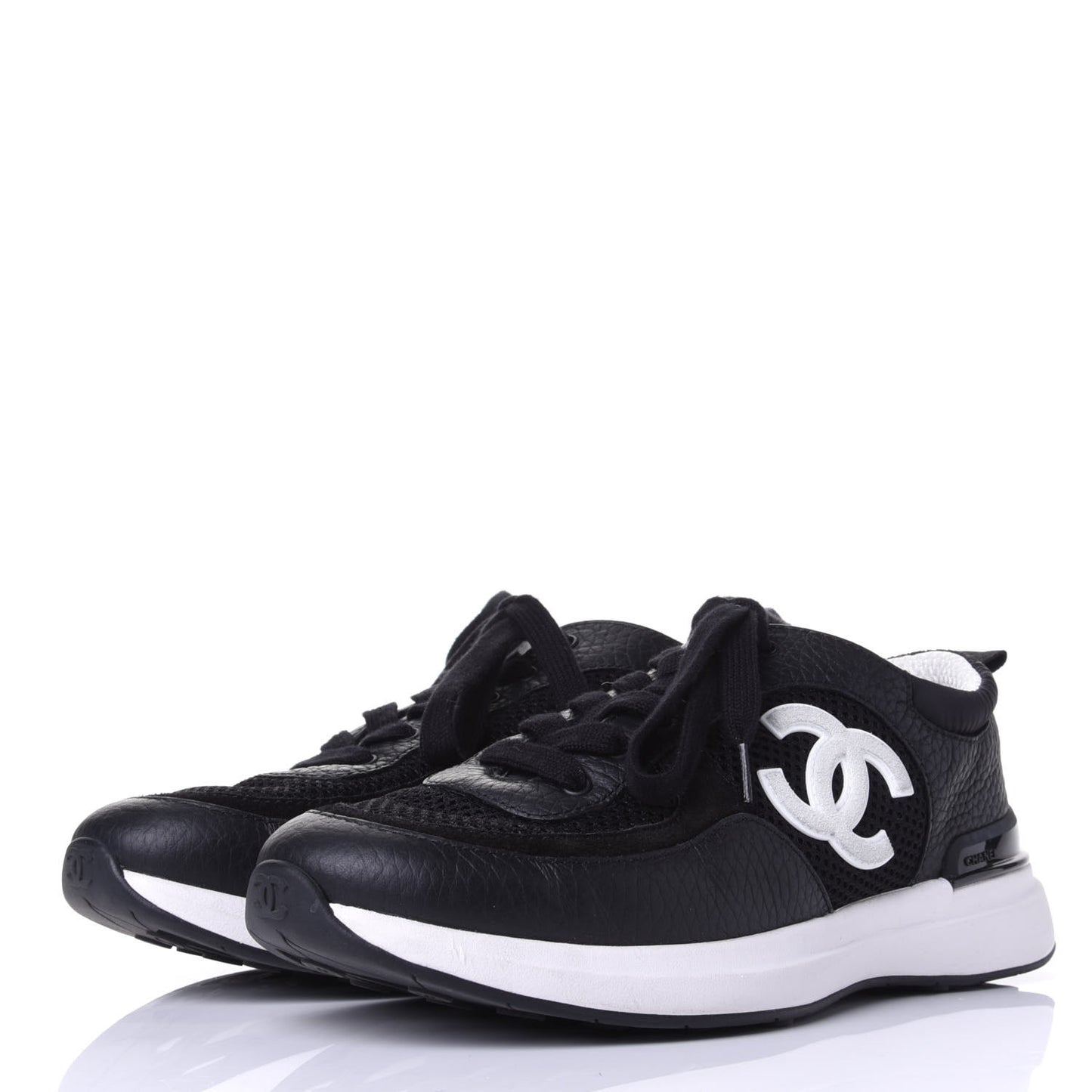 Calfskin Mesh Lycra Suede Womens Logo Sneakers 37.5 Black