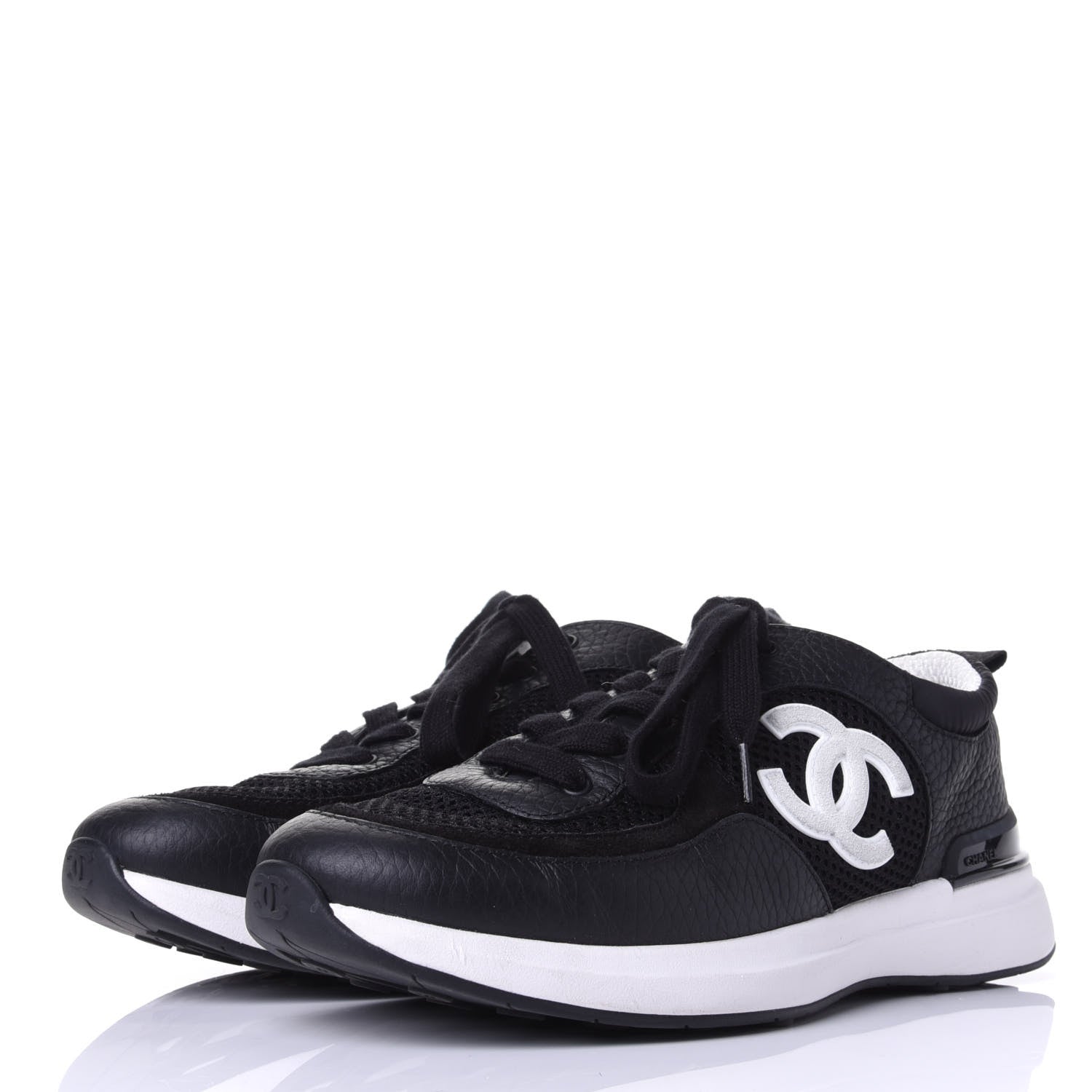Chanel Calfskin Mesh Lycra Suede Womens Logo Sneakers 37.5 Black 3 of 11