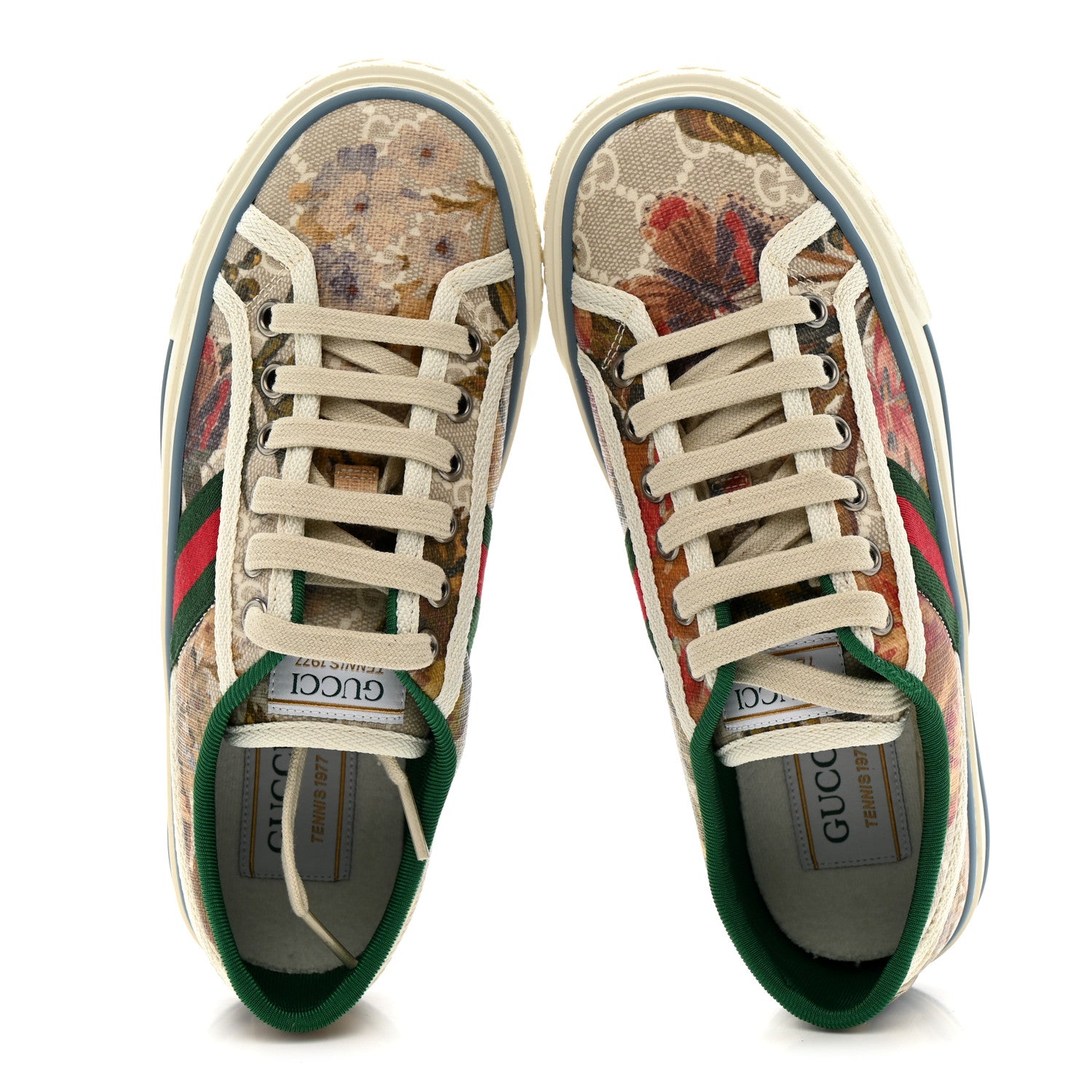 Gucci GG Supreme Monogram Water Flora Web Womens 1977 Tennis Sneakers 35.5 Beige White Multicolor Mystic White 2 of 9