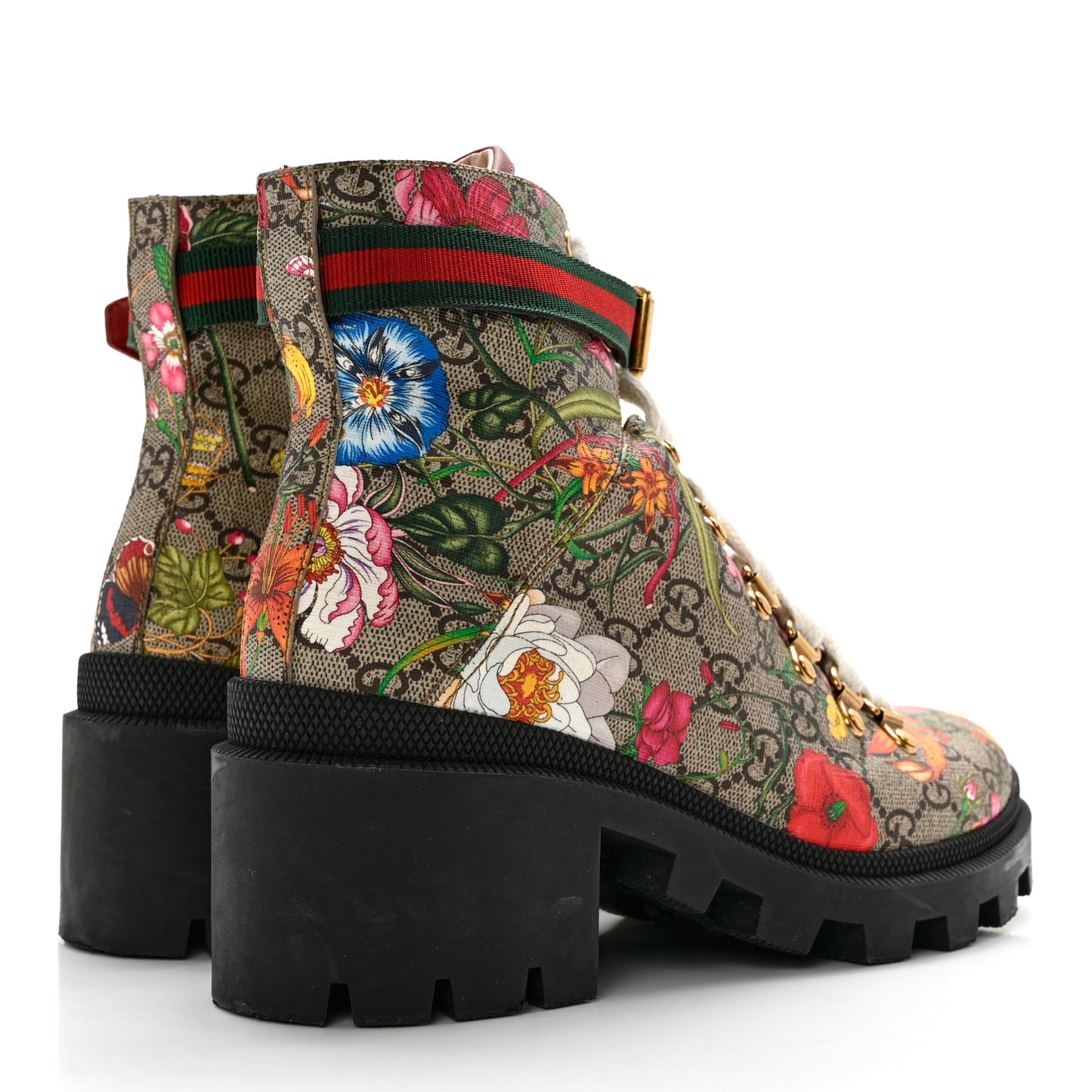 GG Supreme Monogram Flora Lace Up Combat Ankle Boots 38 Beige Multicolor Red