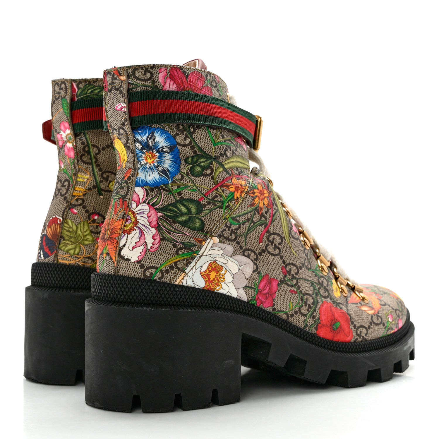 Gucci GG Supreme Monogram Flora Lace Up Combat Ankle Boots 38 Beige Multicolor Red 4 of 15