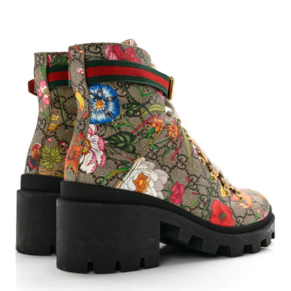 Gucci GG Supreme Monogram Flora Lace Up Combat Ankle Boots 38 Beige Multicolor Red 4 of 15