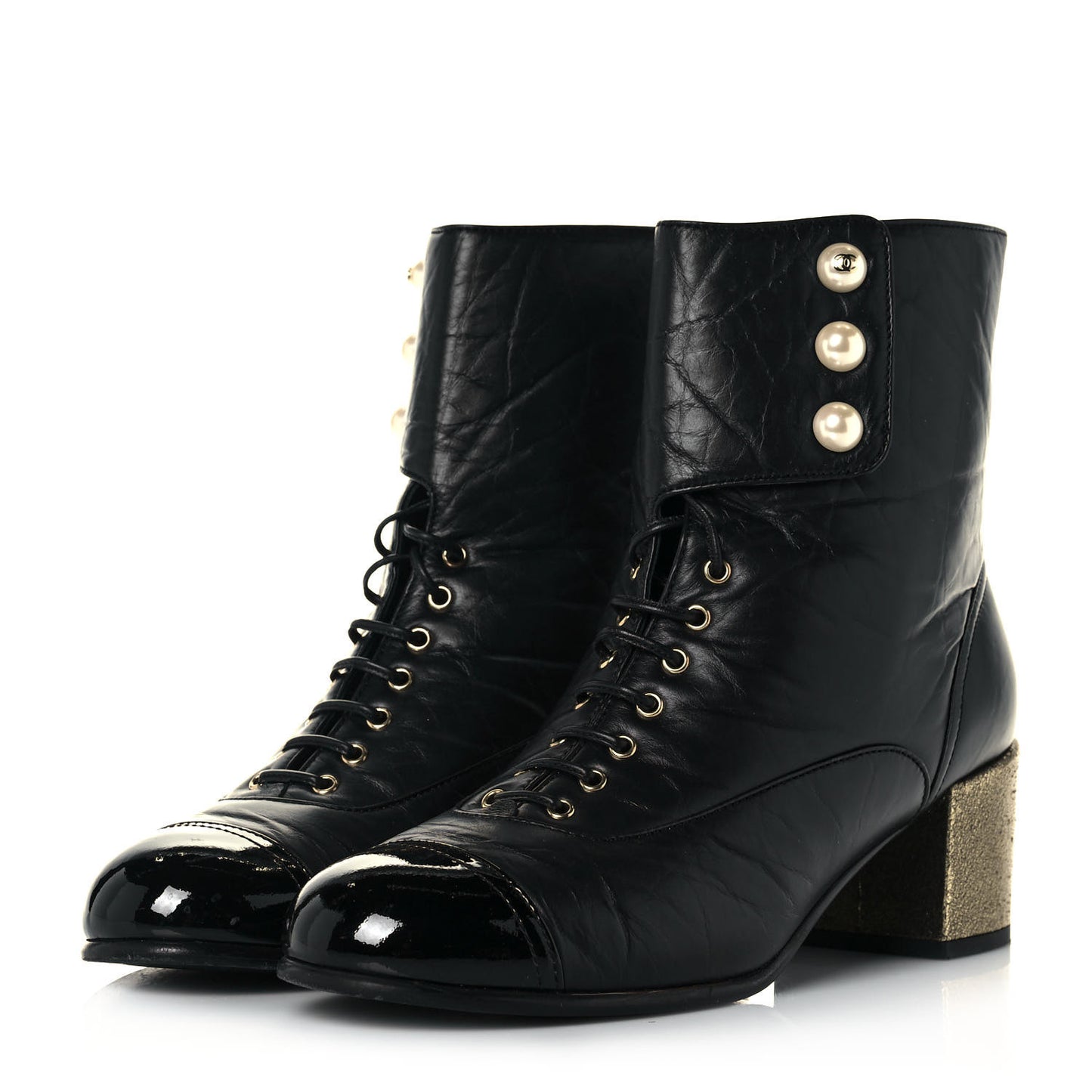 Calfskin Patent Pearl Short Boots 40 Black Gold