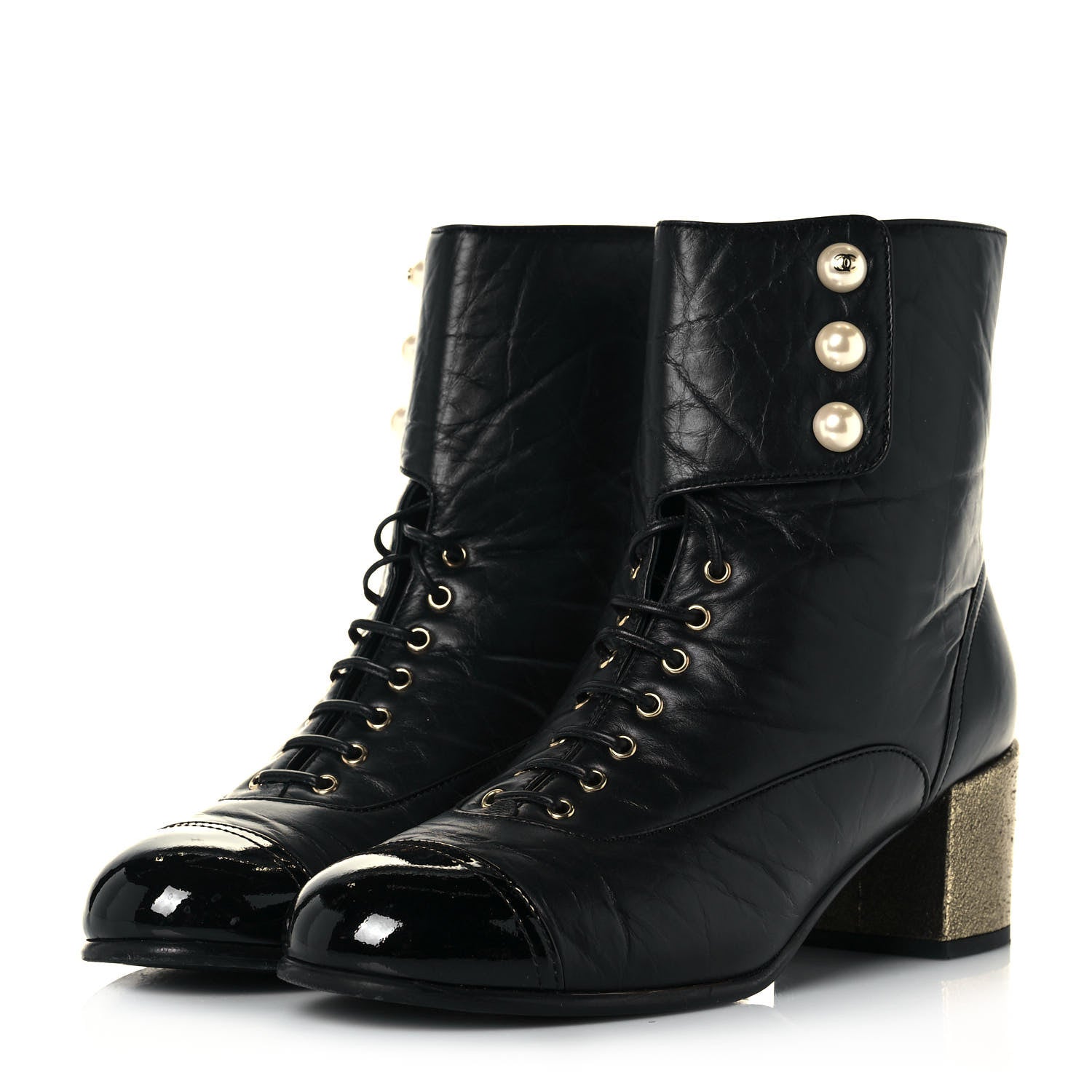 Chanel Calfskin Patent Pearl Short Boots 40 Black Gold 3 of 10