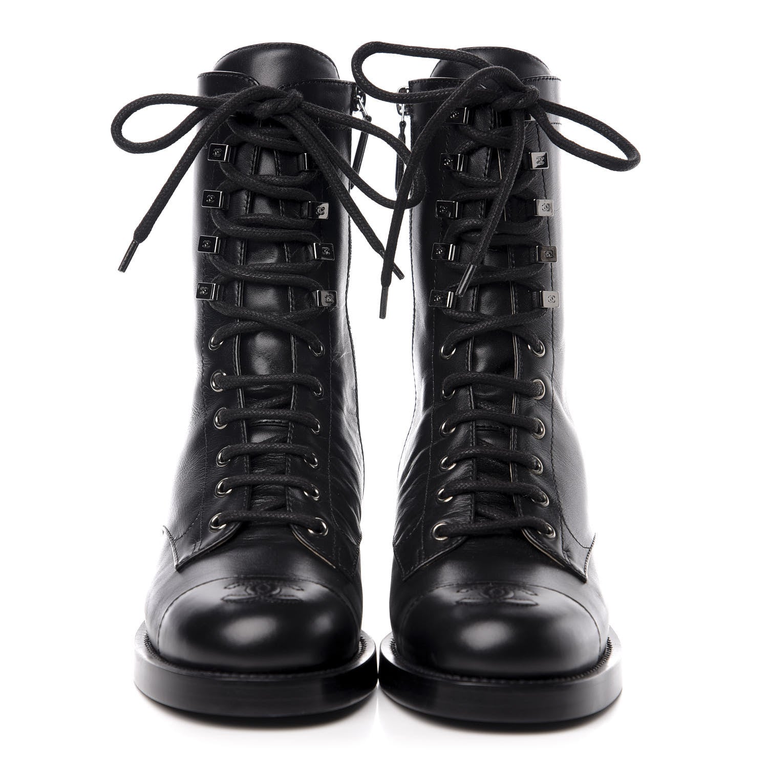 Chanel Lambskin Lace Up Combat Boots 36 Black 2 of 9