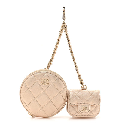 Chanel Metallic Lambskin Quilted Round Clip On Coin Purse Airpods Case Gold 1 of 10