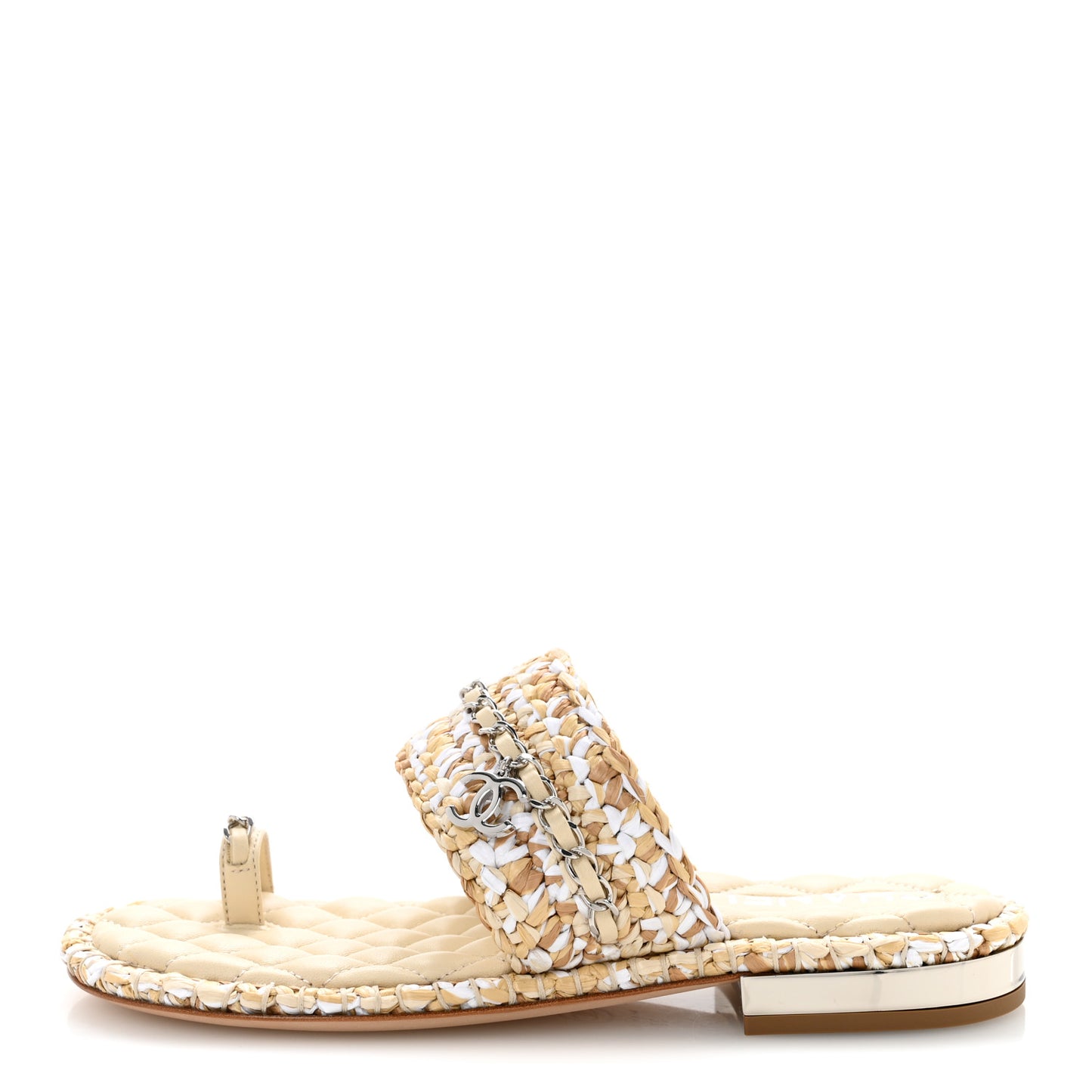 Raffia Lambskin Woven Chain CC Toe Ring Sandals 37 Beige White