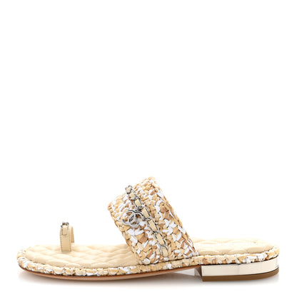 Chanel Raffia Lambskin Woven Chain CC Toe Ring Sandals 37 Beige White 1 of 11