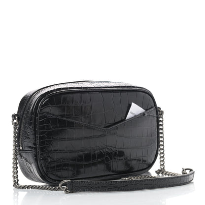 Saint Laurent Calfskin Crocodile Embossed Monogram Mini Lou Camera Bag Black 3 of 9