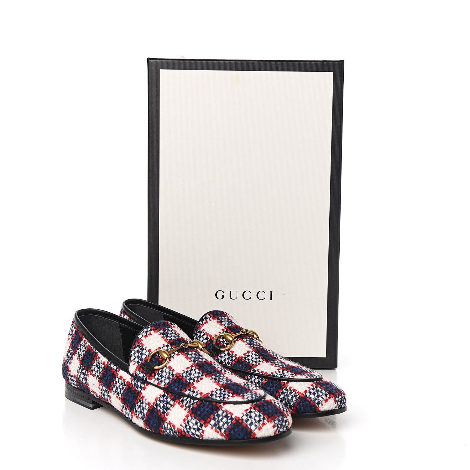 Gucci Vintage Tweed Check Horsebit Womens Jordaan Loafers 39.5 White Hibiscus Red Marine 9 of 9