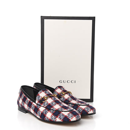 Gucci Vintage Tweed Check Horsebit Womens Jordaan Loafers 39.5 White Hibiscus Red Marine 9 of 9