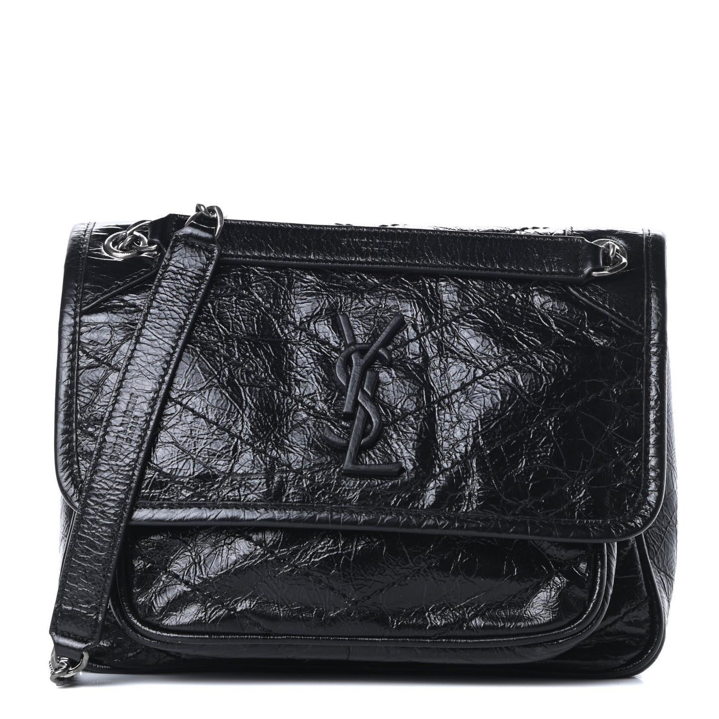 Crinkled Calfskin Matelasse Monogram Baby Niki Chain Satchel Black
