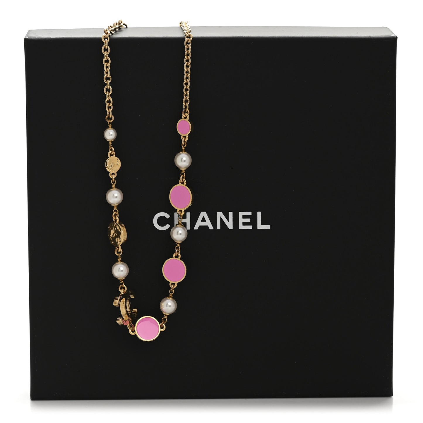 Metal Enamel Pearl CC Necklace Pink Gold