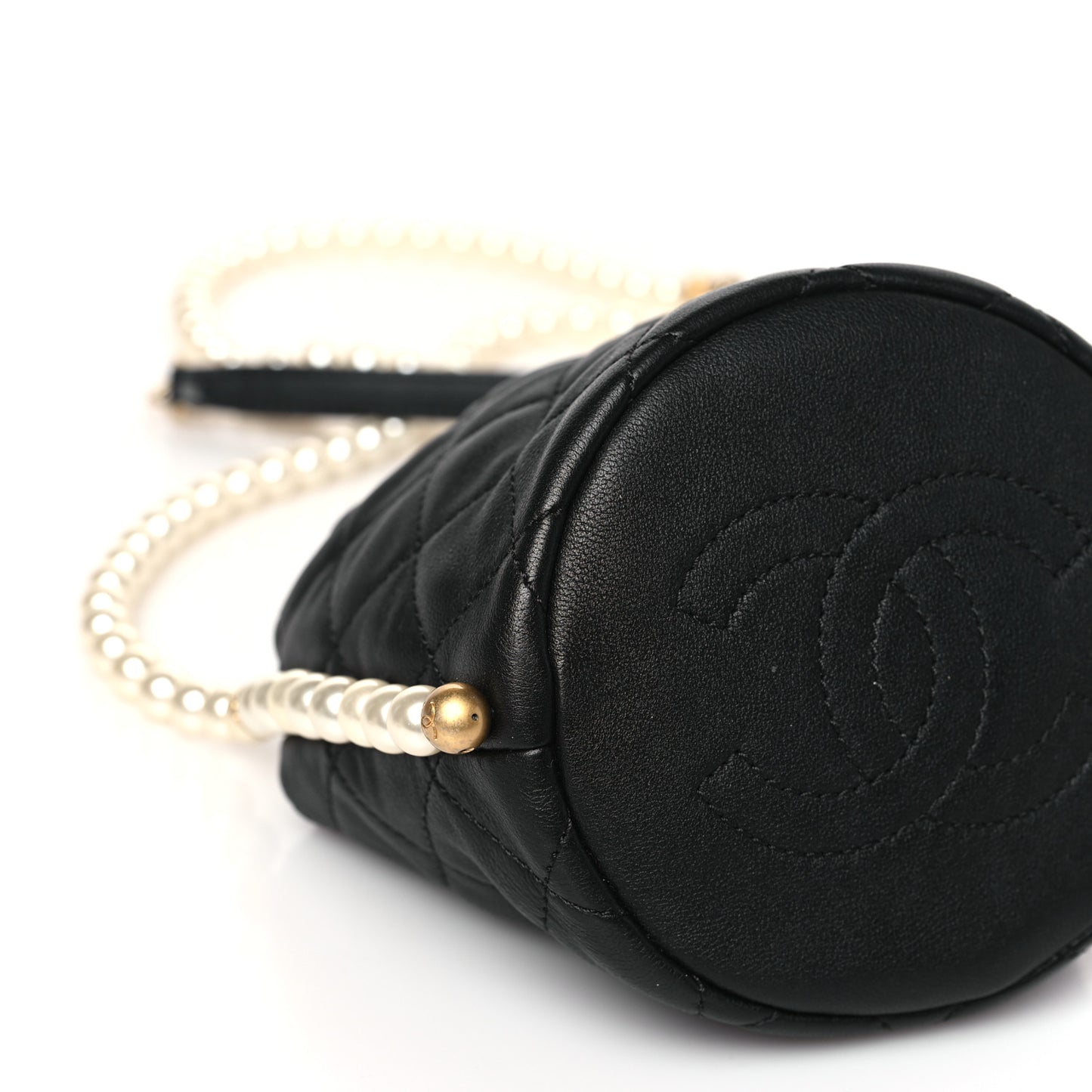 Calfskin Quilted Pearl Mini About Pearls Drawstring Bucket Bag Black