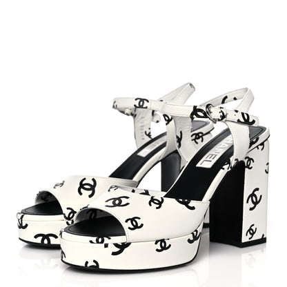 Chanel Printed Lambskin Coco Beach Platform Sandals 39 White Black 3 of 10