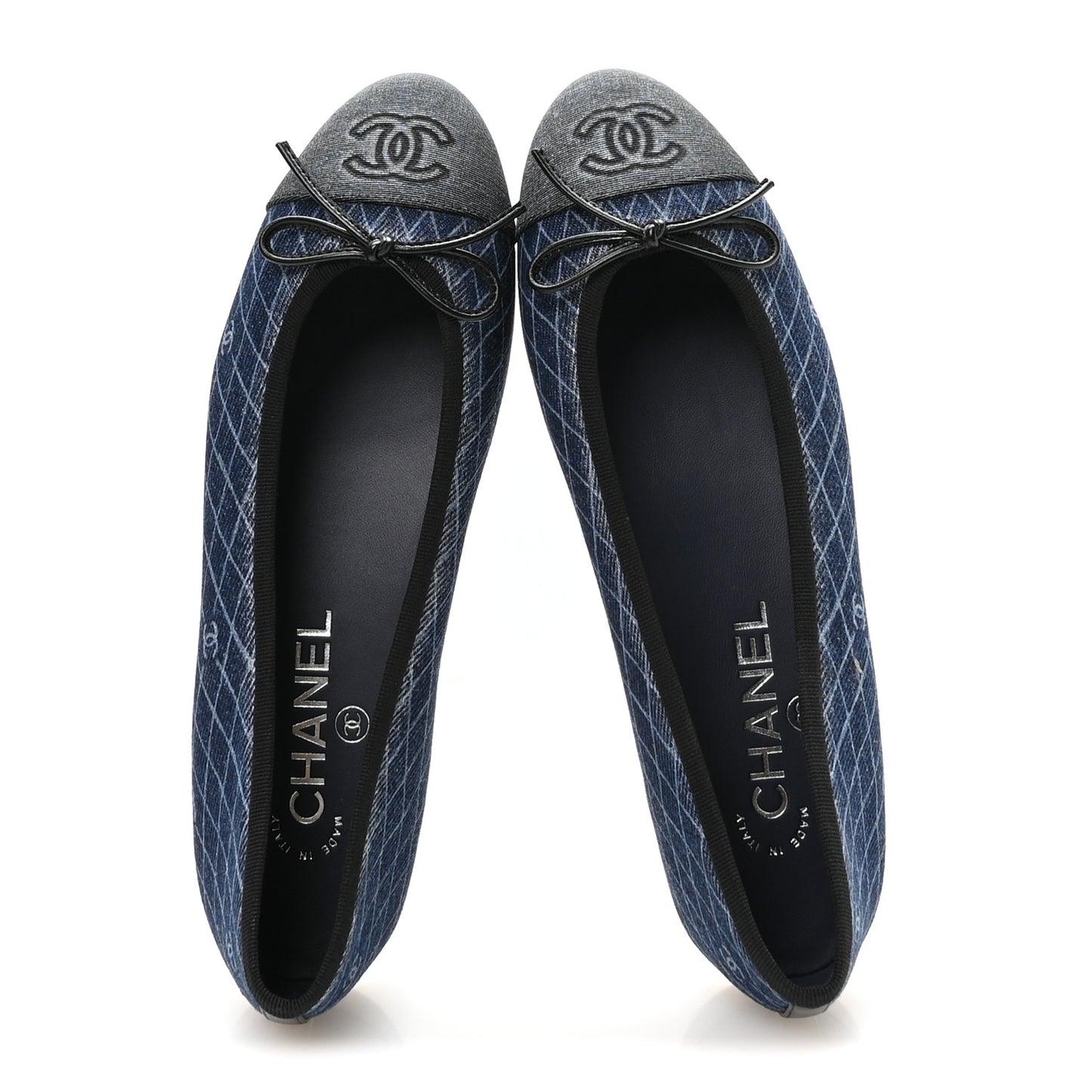 Denim Printed Quilt CC Cap Toe Ballerina Flats 37 Navy Blue Dark Grey