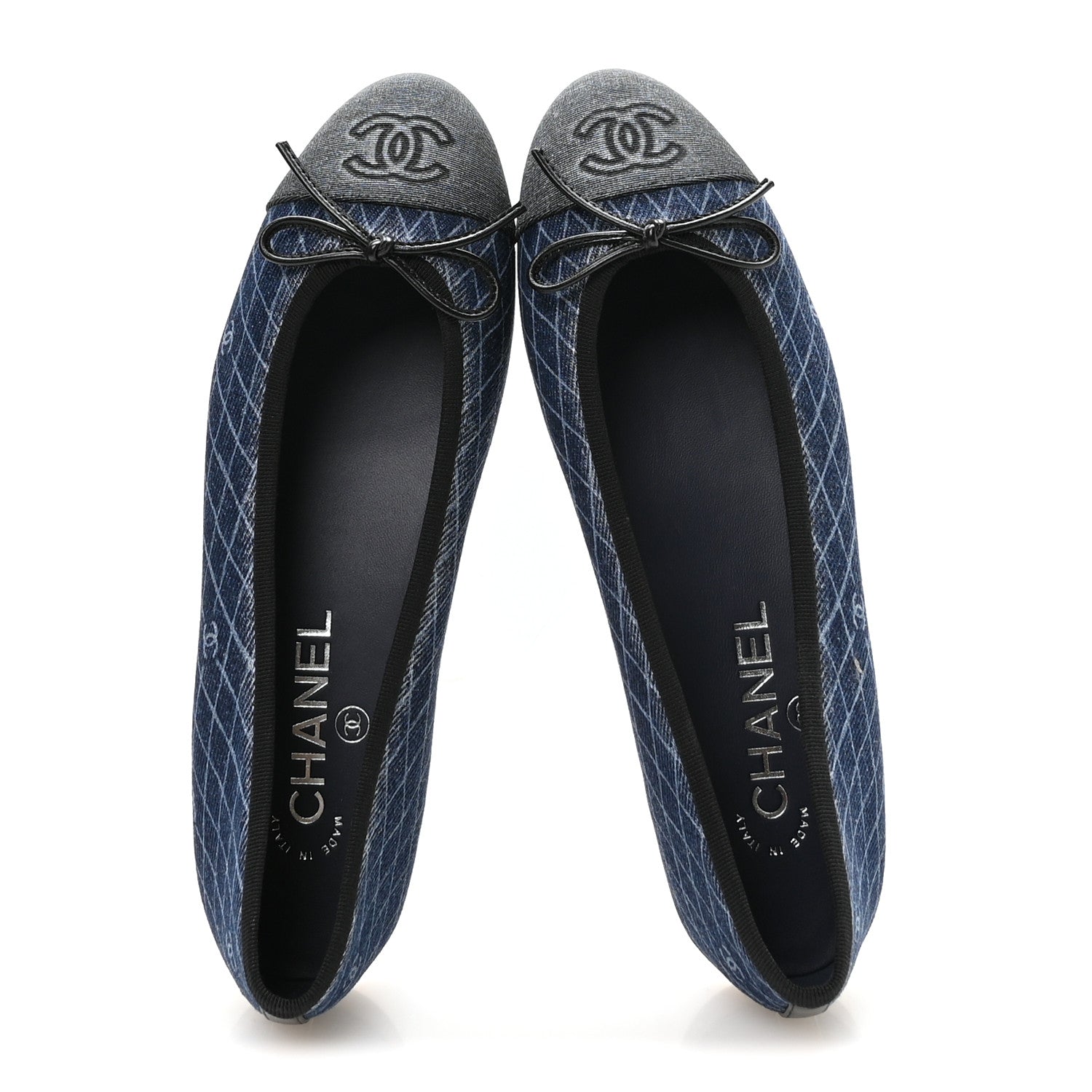 Chanel Denim Printed Quilt CC Cap Toe Ballerina Flats 37 Navy Blue Dark Grey 2 of 9