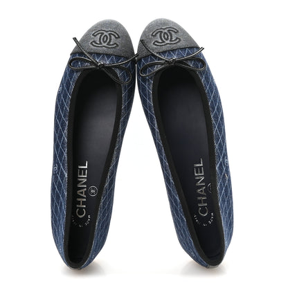 Chanel Denim Printed Quilt CC Cap Toe Ballerina Flats 37 Navy Blue Dark Grey 2 of 9