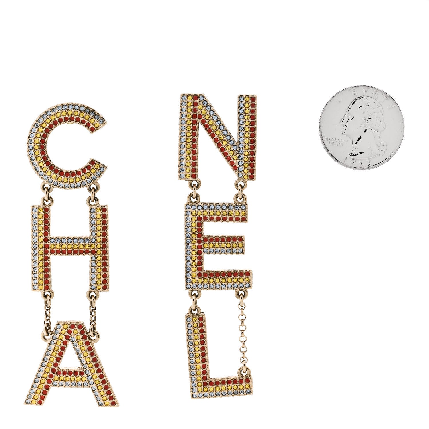Chanel Metal Crystal Rainbow Cha-Nel Logo Drop Earrings Multicolor Gold 2 of 5