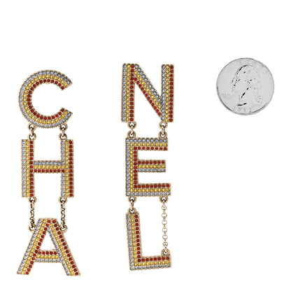 Chanel Metal Crystal Rainbow Cha-Nel Logo Drop Earrings Multicolor Gold 2 of 5
