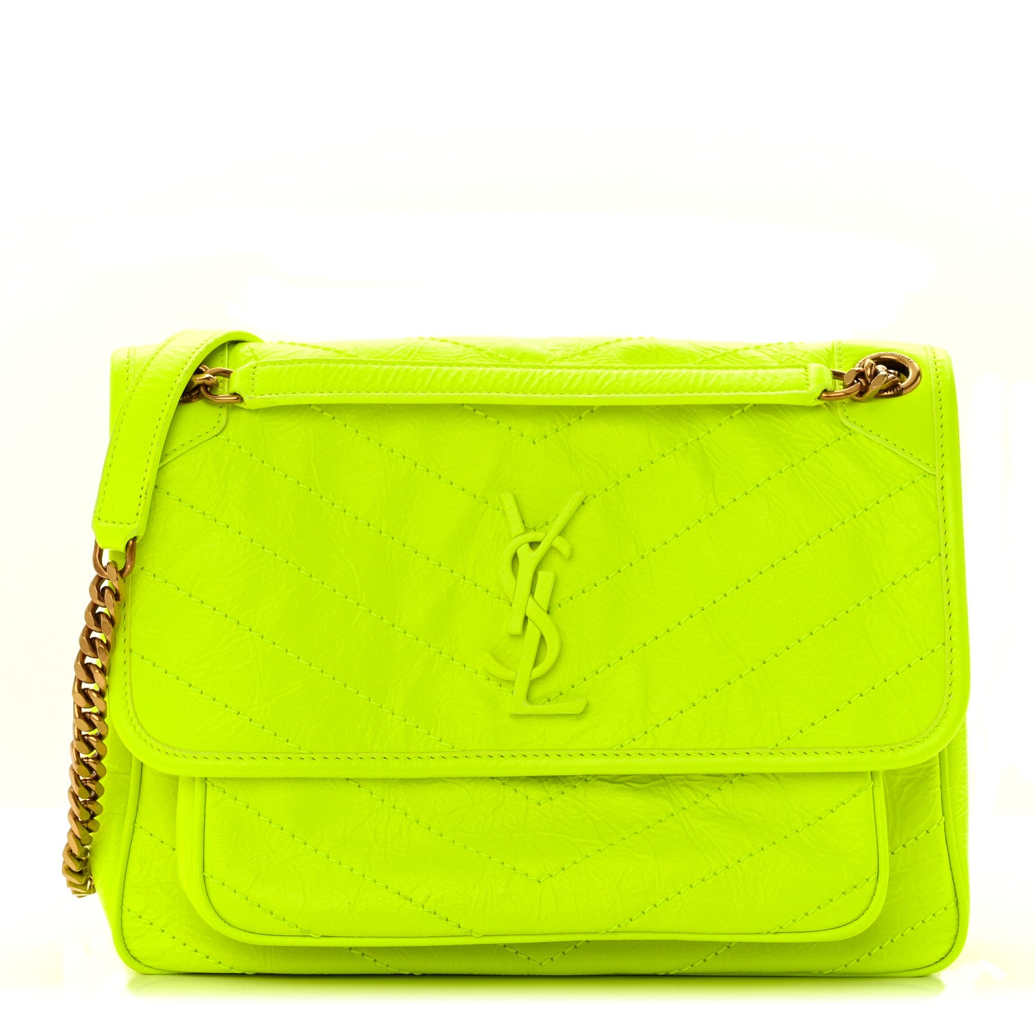 Saint Laurent Crinkled Calfskin Matelasse Monogram Medium Niki Chain Satchel Neon Yellow 1 of 10