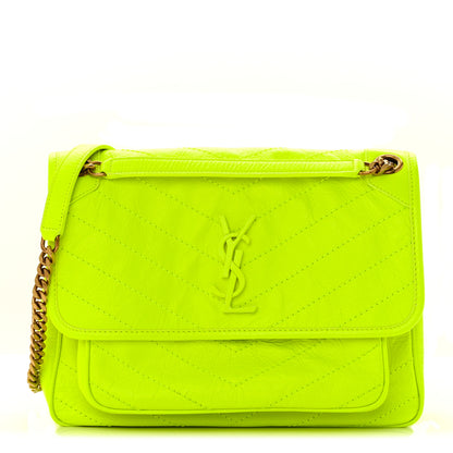 Saint Laurent Crinkled Calfskin Matelasse Monogram Medium Niki Chain Satchel Neon Yellow 1 of 10