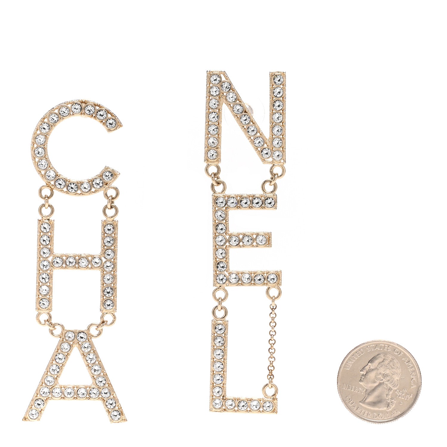 Chanel Crystal Cha-Nel Logo Drop Earrings Gold 2 of 4