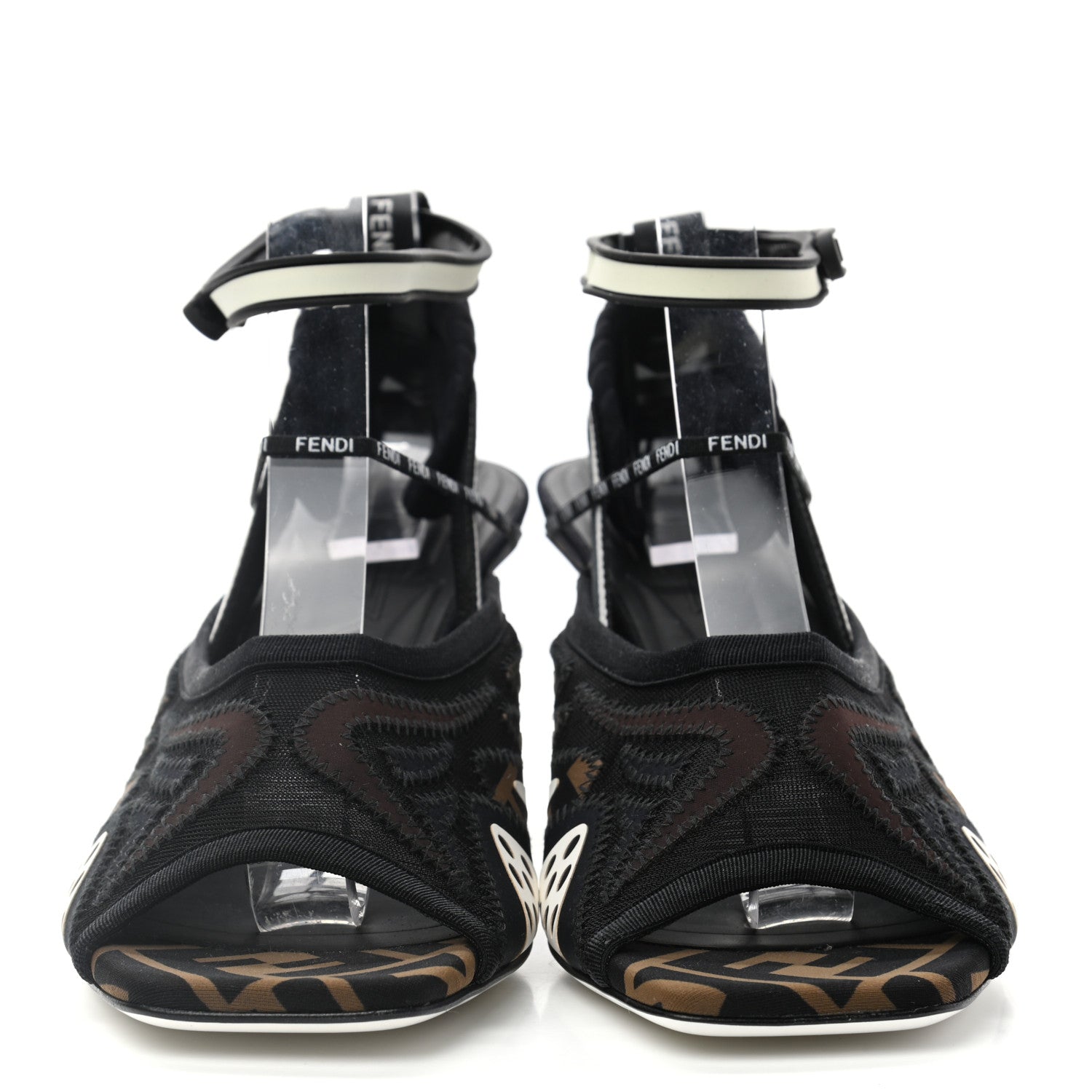 Fendi Technical Mesh FF FFreedom Patchwork Low Heel Peep Toe Sandals 40 Tobacco Black Asfalto 2 of 8