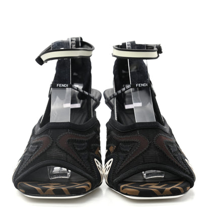 Fendi Technical Mesh FF FFreedom Patchwork Low Heel Peep Toe Sandals 40 Tobacco Black Asfalto 2 of 8