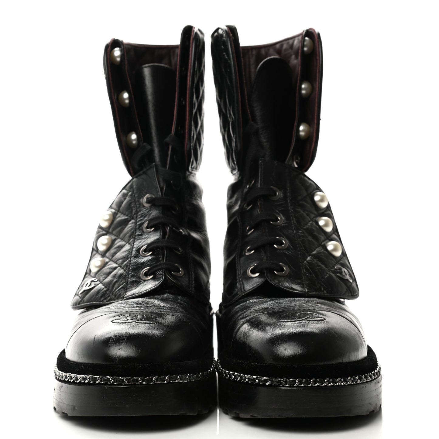Crackled Calfskin Velvet Pearl Combat Boots 38.5 Black