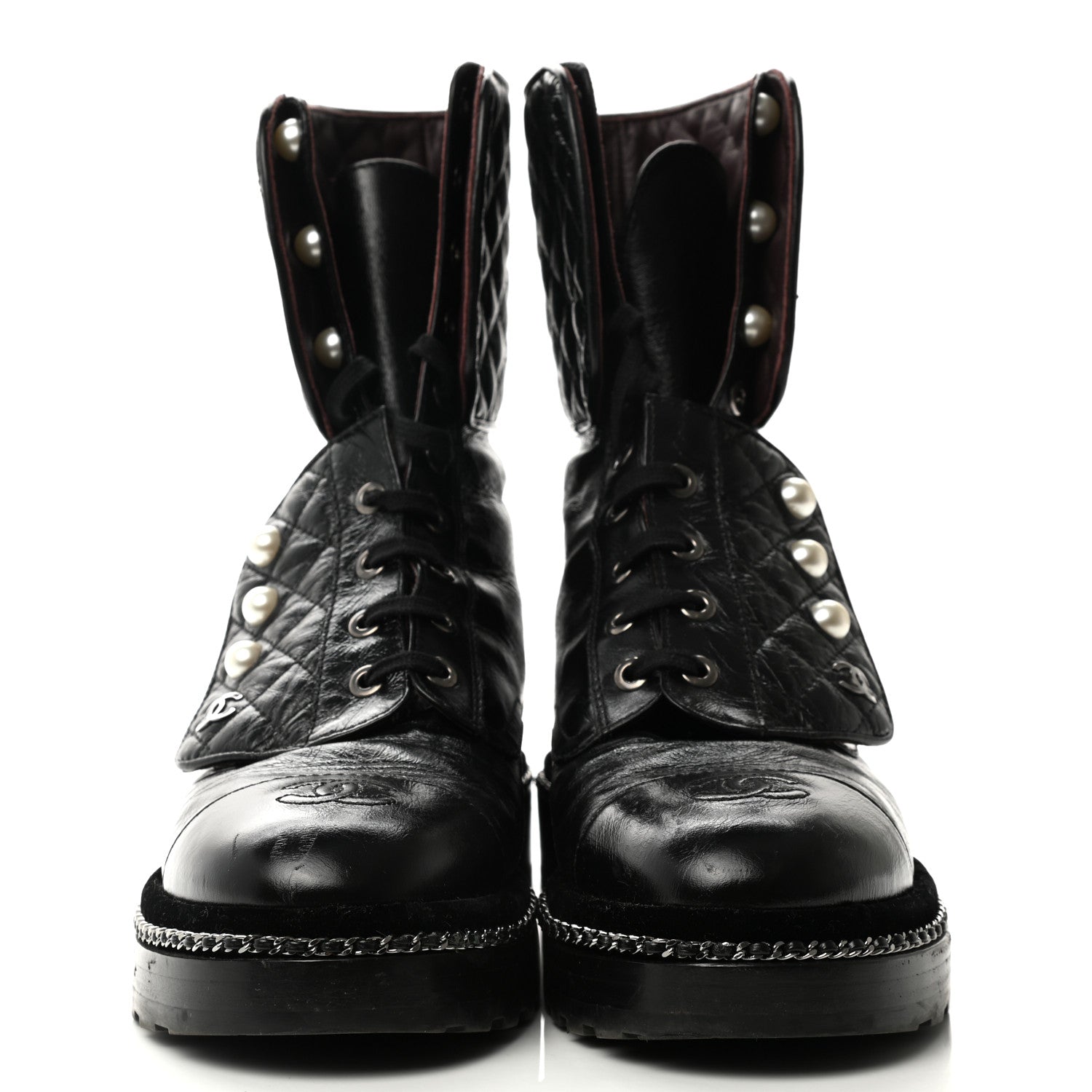 Chanel Crackled Calfskin Velvet Pearl Combat Boots 38.5 Black 2 of 10