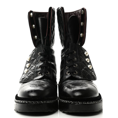 Chanel Crackled Calfskin Velvet Pearl Combat Boots 38.5 Black 2 of 10