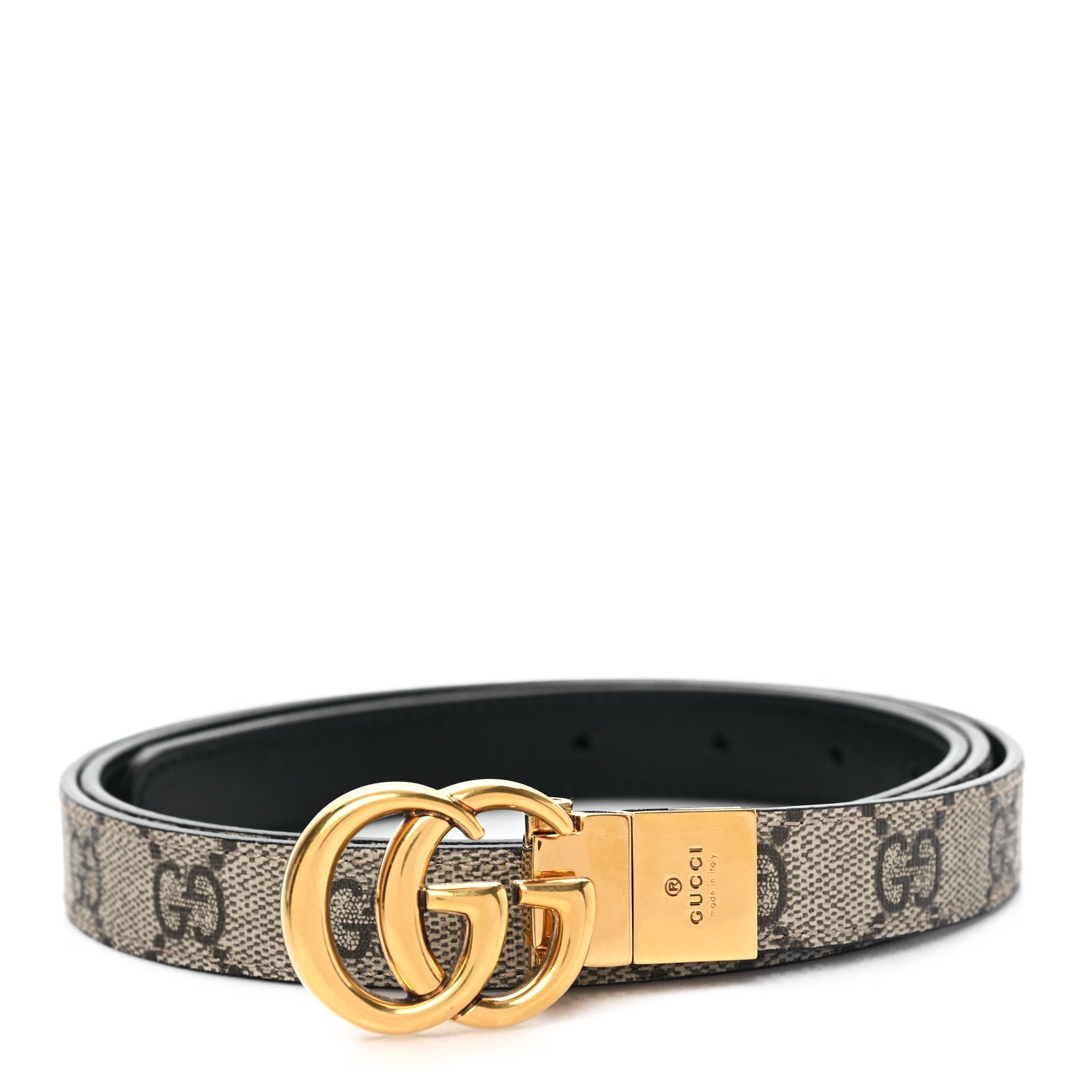 Gucci GG Supreme Monogram Plutone Calfskin Double G Reversible 20mm Belt 110 44 Beige Ebony Black 1 of 5