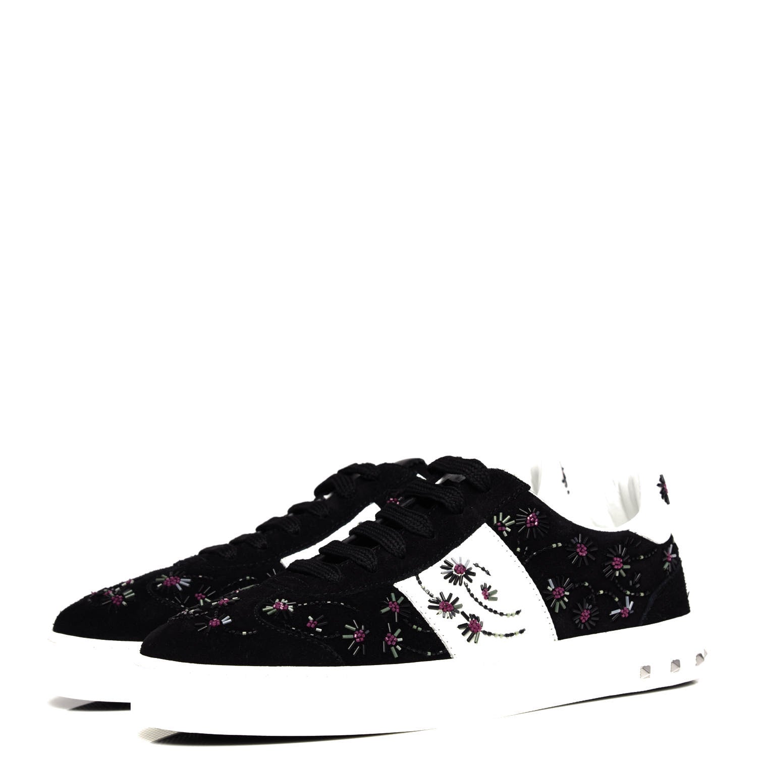 Valentino Garavani Suede Floral Beaded Flycrew Sneakers 35 Black 3 of 10