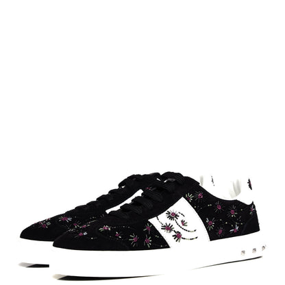 Valentino Garavani Suede Floral Beaded Flycrew Sneakers 35 Black 3 of 10