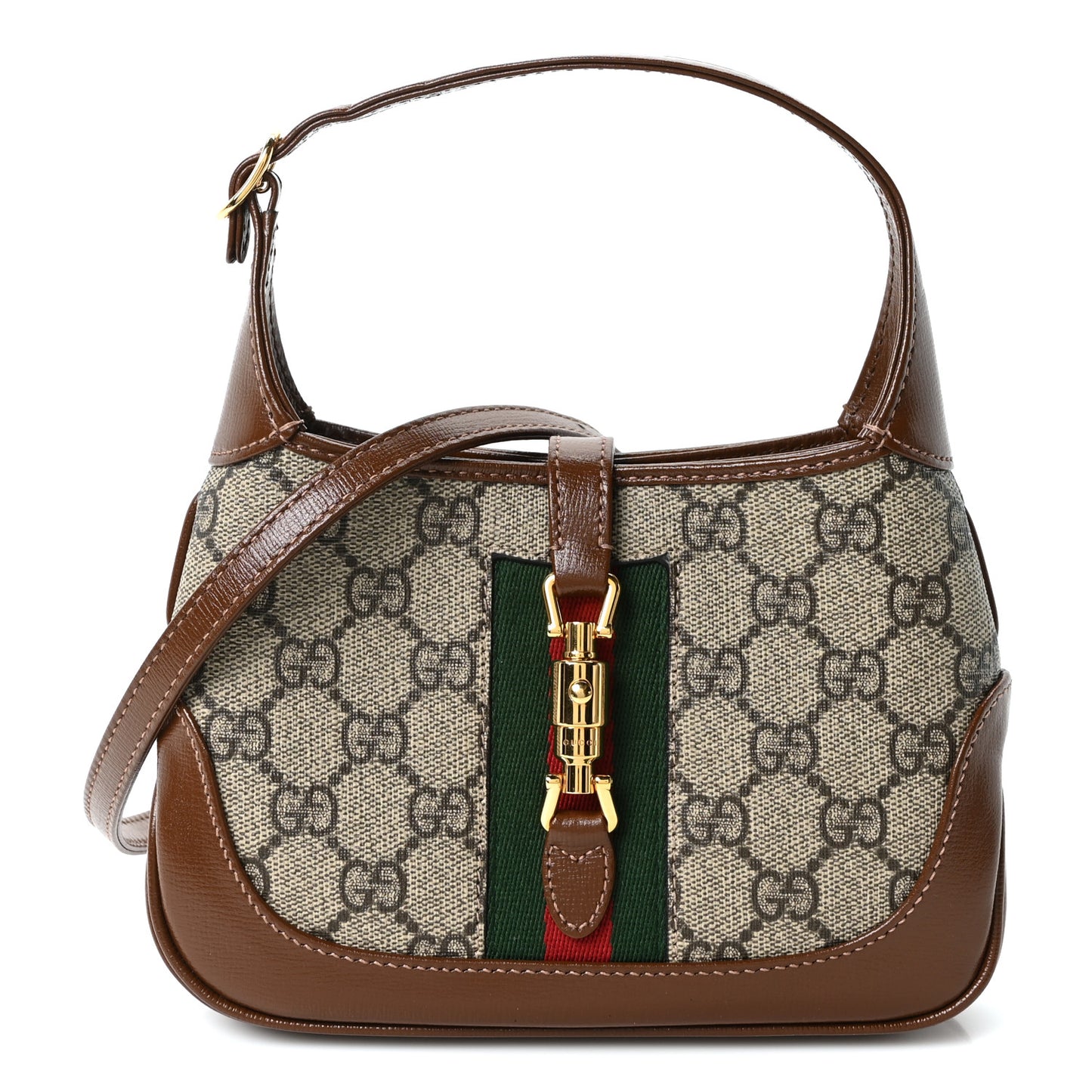 GG Supreme Monogram Azalea Calfskin Web Mini Jackie 1961 Hobo Beige Ebony Brown Sugar