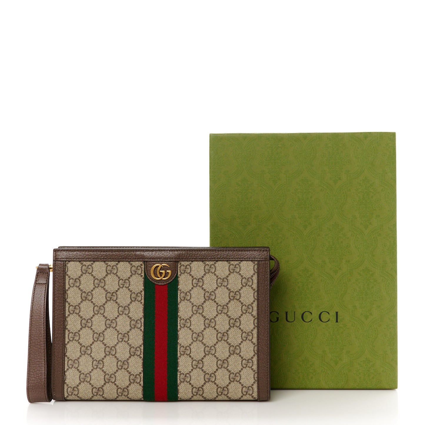 GG Supreme Monogram Textured Dollar Calfskin Web Small Ophidia Wristlet Pouch Beige Ebony New Acero