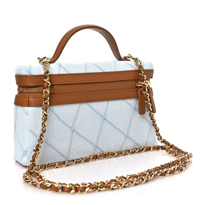 Chanel Washed Denim Calfskin Quilted Top Handle Slim Vanity Case With Chain Blue Brown 3 of 10