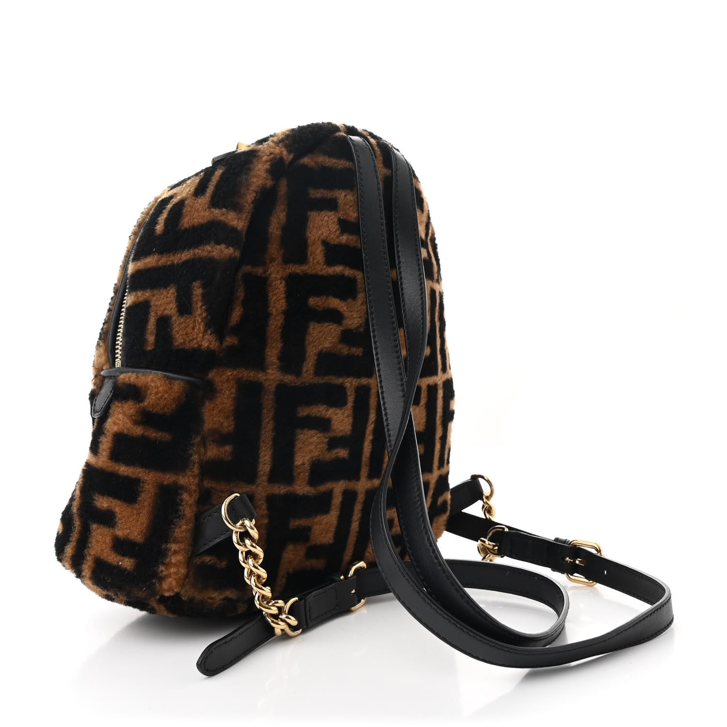 Fendi Shearling Macro FF 1974 Mini Backpack Tobacco Black 3 of 10