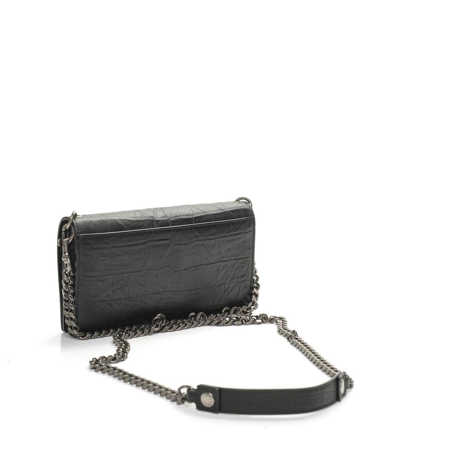 Saint Laurent Calfskin Crocodile Embossed Monogram Chain Wallet Black 3 of 6