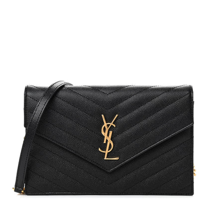 Saint Laurent Grain De Poudre Matelasse Chevron Monogram Envelope Chain Wallet Black 1 of 9