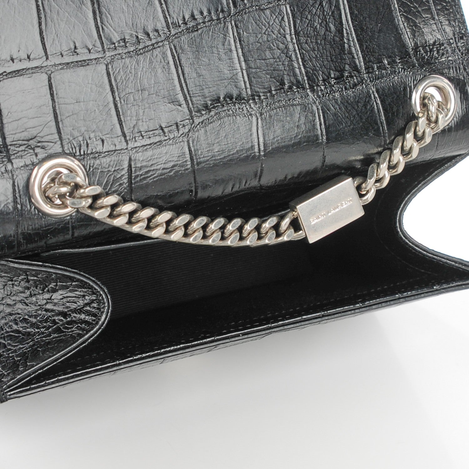Saint Laurent Calfskin Crocodile Embossed Small Classic Monogram Tassel Satchel Black 5 of 8