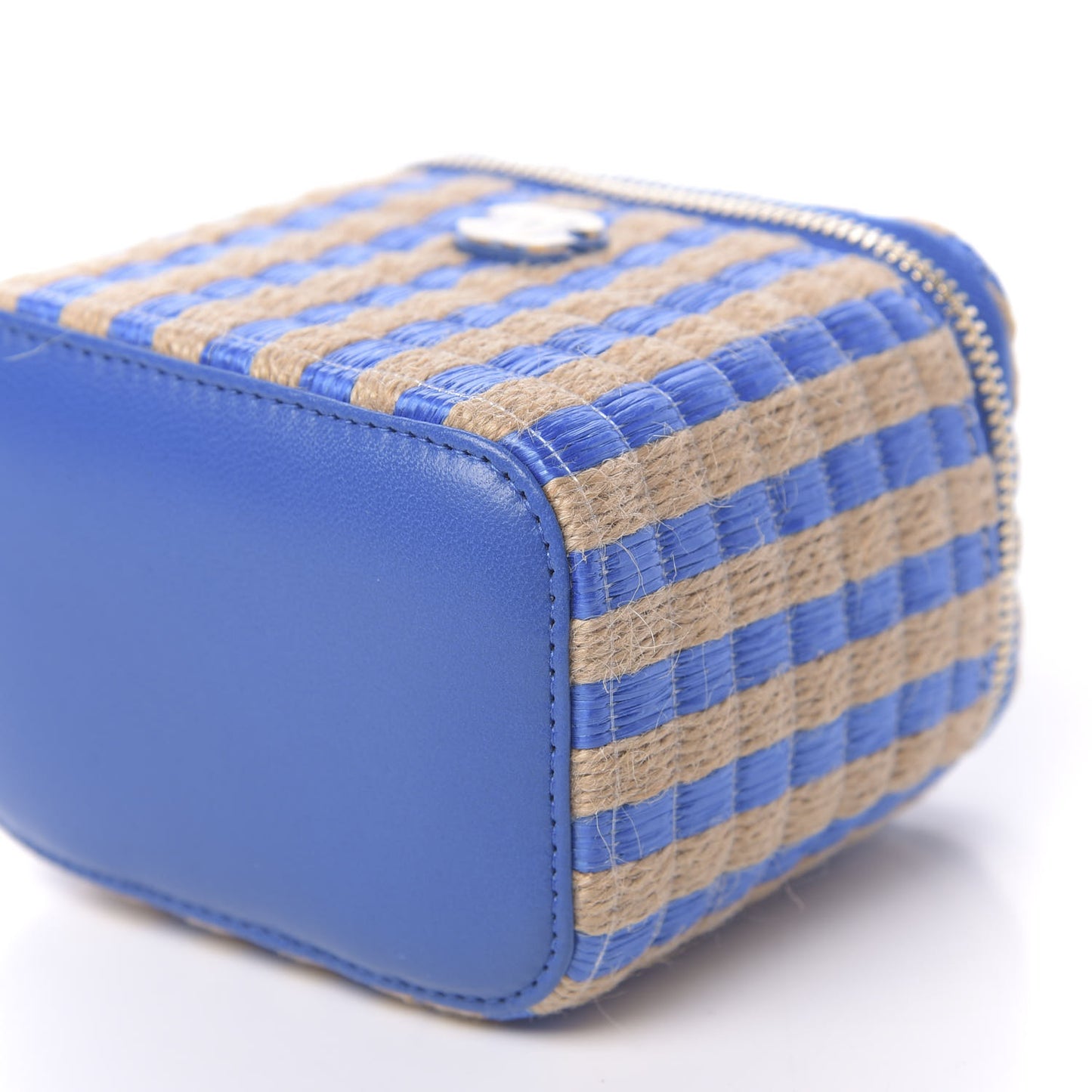 Raffia Jute Striped Mini Vanity Case With Chain Blue Beige
